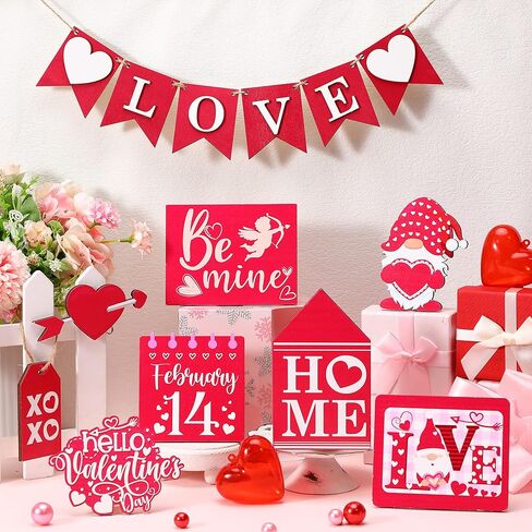 14 Pcs Valentines Day Tiered Tray Decor Set Farmhouse Rustic Pink Valentines Day Decor Cute Be Mine Gnome Home Heart Tabletop Valentines Wooden Sign for Home Party Kitchen Wedding Anniversary Decor in Kuwait