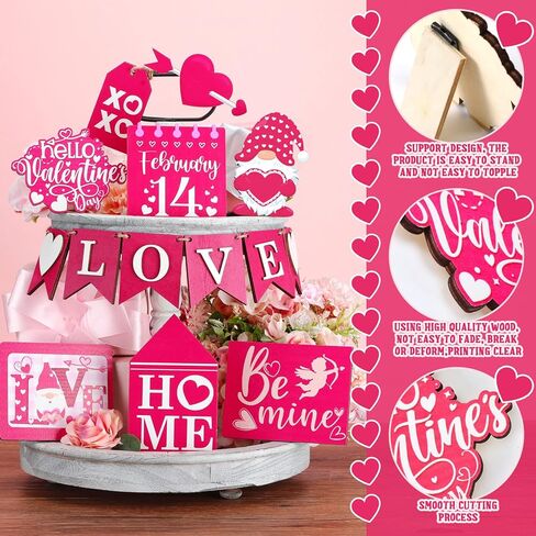 14 Pcs Valentines Day Tiered Tray Decor Set Farmhouse Rustic Pink Valentines Day Decor Cute Be Mine Gnome Home Heart Tabletop Valentines Wooden Sign for Home Party Kitchen Wedding Anniversary Decor in Kuwait
