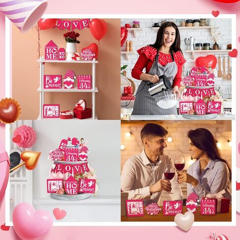 14 Pcs Valentines Day Tiered Tray Decor Set Farmhouse Rustic Pink Valentines Day Decor Cute Be Mine Gnome Home Heart Tabletop Valentines Wooden Sign for Home Party Kitchen Wedding Anniversary Decor in Kuwait