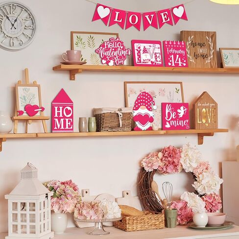 14 Pcs Valentines Day Tiered Tray Decor Set Farmhouse Rustic Pink Valentines Day Decor Cute Be Mine Gnome Home Heart Tabletop Valentines Wooden Sign for Home Party Kitchen Wedding Anniversary Decor in Kuwait