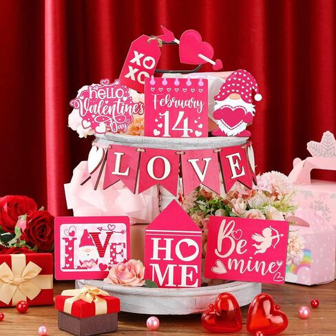 14 Pcs Valentines Day Tiered Tray Decor Set Farmhouse Rustic Pink Valentines Day Decor Cute Be Mine Gnome Home Heart Tabletop Valentines Wooden Sign for Home Party Kitchen Wedding Anniversary Decor in Kuwait