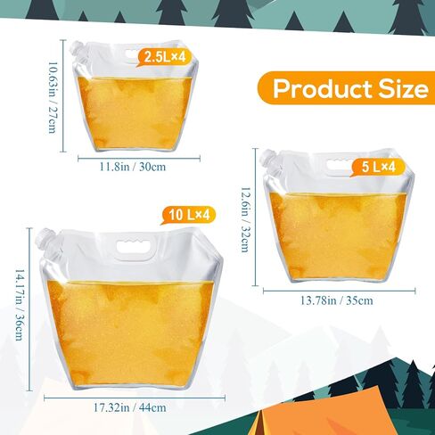 12 Pcs Collapsible Water Container Bag Emergency Clear Plastic Storage Jug Freezable Foldable Collapsible Water Bottle Water Storage Tank No Leak Water Pouch for Camping Hiking Backpack, 2.5L, 5L, 10L in Kuwait