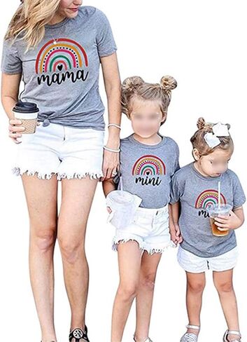 تي شيرت Mommy and Me بألوان قوس قزح بأكمام قصيرة، ملابس غير رسمية لعيد الأم، ملابس صيفية متطابقة in Kuwait