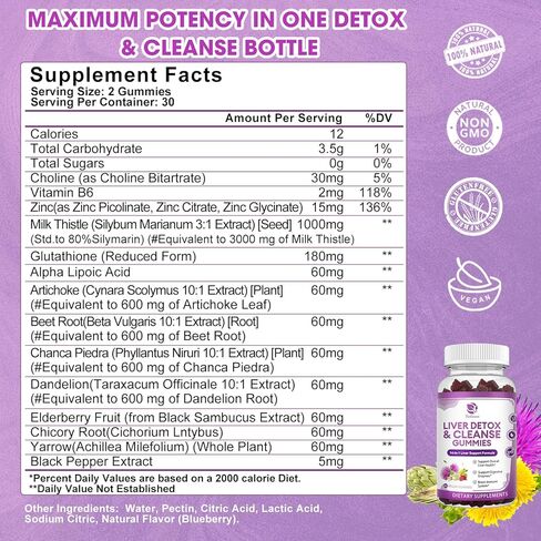 تطهير الكبد من السموم وإصلاحه - قوة إضافية 14 في 1 مكمل لدعم الكبد مع حليب الشوك سيليمارين والهندباء ومستخلص الخرشوف والتوت - بدون سكر، مكمل لصحة الكبد - 120 قيراط in Kuwait