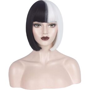 WeKen Black and White Wig for Girls Short Bob Half Black Half White Wig with Bangs Cruella Deville Costume for Women Cosplay Synthetic Wig Daily Party