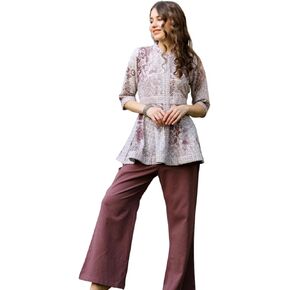 FASHION DWAR Women's Schiffli Casual Cotton Coord Set with 3/4 Sleeve, Includes Top and Pant - Maroon in Kuwait