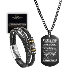 مجموعة من 2 سوار إلى ابني من أمي، سوار بمشبك من خليط معدني من الجلد المضفر مع أنك لن تفقد أبدًا قلادة علامة الكلب، متعددة الطبقات، سوار ملهم، سوار معصم للرجال والأولاد وأعياد الميلاد والتخرج وعيد الميلاد وعيد الحب in Kuwait