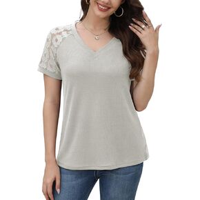 Jouica Women's Summer Lace Short Sleeve V Neck Tops Shirt Loose Casual Waffle Tee Blouse