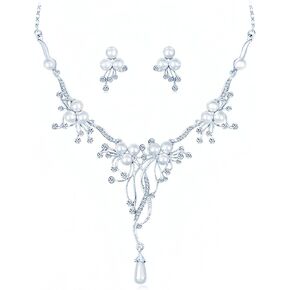 مجموعة مجوهرات الزفاف la luen Pearl Bride مكونة من اللؤلؤ الصناعي والكريستال وحجر الراين وأقراط وأساور للنساء ووصيفات العروس وحفلات الزفاف والارتداء اليومي (3 قطع)