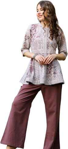 طقم من القطن الكاجوال من FASHION DWAR للسيدات بأكمام 3/4، يتضمن قميصًا وبنطلون - كستنائي in Kuwait