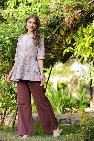 طقم من القطن الكاجوال من FASHION DWAR للسيدات بأكمام 3/4، يتضمن قميصًا وبنطلون - كستنائي in Kuwait