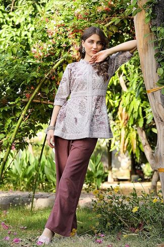 طقم من القطن الكاجوال من FASHION DWAR للسيدات بأكمام 3/4، يتضمن قميصًا وبنطلون - كستنائي in Kuwait