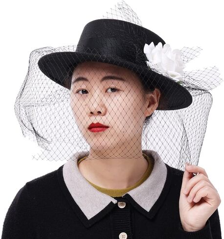 القبعات الفيكتورية النسائية خمر الأقواس قبعات فيدورا الأسود in Kuwait