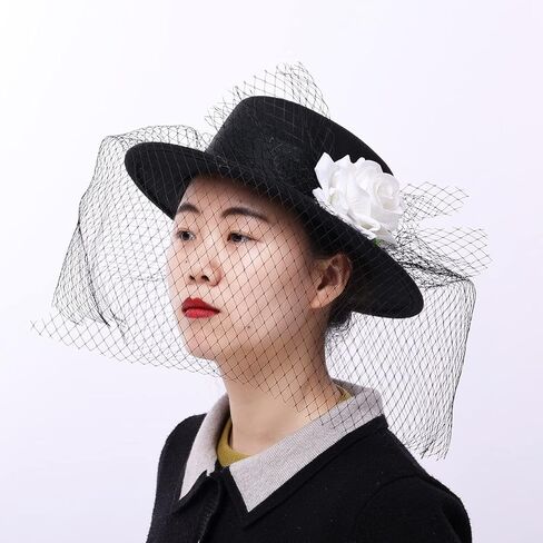 القبعات الفيكتورية النسائية خمر الأقواس قبعات فيدورا الأسود in Kuwait