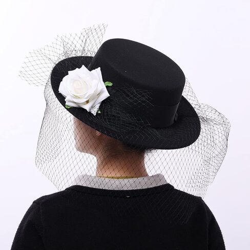 القبعات الفيكتورية النسائية خمر الأقواس قبعات فيدورا الأسود in Kuwait