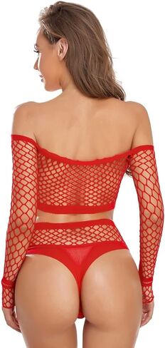 SLITHICE 2Pcs Set Women's Sexy Fishnet Lingerie set Long Sleeve Hollow Top+ Shorts in Kuwait