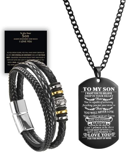 مجموعة من 2 سوار إلى ابني من أمي، سوار بمشبك من خليط معدني من الجلد المضفر مع أنك لن تفقد أبدًا قلادة علامة الكلب، متعددة الطبقات، سوار ملهم، سوار معصم للرجال والأولاد وأعياد الميلاد والتخرج وعيد الميلاد وعيد الحب in Kuwait