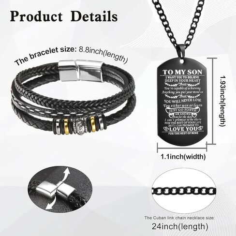 مجموعة من 2 سوار إلى ابني من أمي، سوار بمشبك من خليط معدني من الجلد المضفر مع أنك لن تفقد أبدًا قلادة علامة الكلب، متعددة الطبقات، سوار ملهم، سوار معصم للرجال والأولاد وأعياد الميلاد والتخرج وعيد الميلاد وعيد الحب in Kuwait