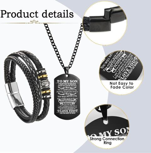 مجموعة من 2 سوار إلى ابني من أمي، سوار بمشبك من خليط معدني من الجلد المضفر مع أنك لن تفقد أبدًا قلادة علامة الكلب، متعددة الطبقات، سوار ملهم، سوار معصم للرجال والأولاد وأعياد الميلاد والتخرج وعيد الميلاد وعيد الحب in Kuwait