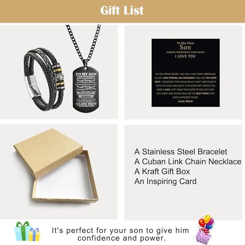 مجموعة من 2 سوار إلى ابني من أمي، سوار بمشبك من خليط معدني من الجلد المضفر مع أنك لن تفقد أبدًا قلادة علامة الكلب، متعددة الطبقات، سوار ملهم، سوار معصم للرجال والأولاد وأعياد الميلاد والتخرج وعيد الميلاد وعيد الحب in Kuwait