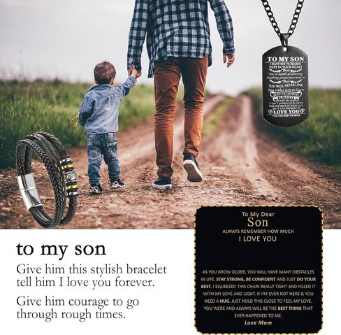 مجموعة من 2 سوار إلى ابني من أمي، سوار بمشبك من خليط معدني من الجلد المضفر مع أنك لن تفقد أبدًا قلادة علامة الكلب، متعددة الطبقات، سوار ملهم، سوار معصم للرجال والأولاد وأعياد الميلاد والتخرج وعيد الميلاد وعيد الحب in Kuwait