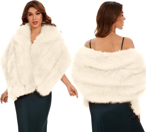 شال FlyGulls نسائي من الفرو الصناعي شالات وأغطية فاخرة من الفرو لفساتين السهرة لفافة من الفرو الصناعي للعروس ووصيفات العروس in Kuwait