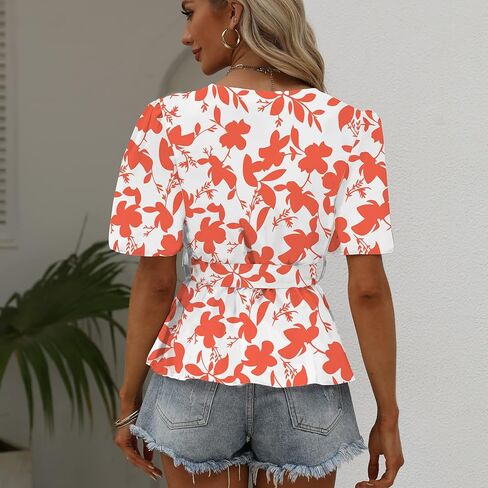 بلوزات نسائية من RGOSME، قمصان كاجوال للعمل، قمصان صيفية برقبة على شكل حرف V وأكمام قصيرة منتفخة in Kuwait