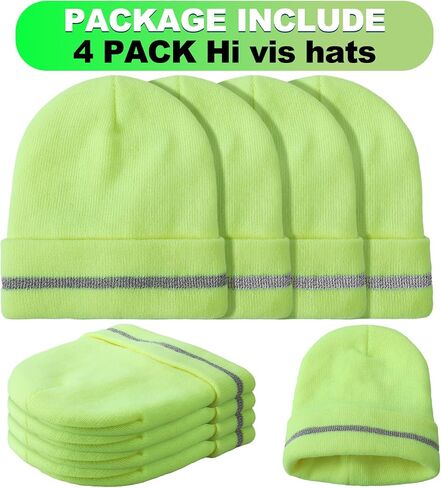 Suhine 4 Pack Men Hi Vis Winter Hats Fleece Lined Hi Vis Beanies with Reflective Stripes Fluorescent Thermal Hats for Outdoor in Saudi Arabia
