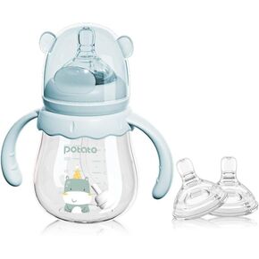 POTATO Glass Baby Bottles, Anti-Colic Breastfeeding Bottles with Medium Flow Nipple, Suitable for Babies 3-6 Months, 2 Replaceable Nipples, 6 oz, Blue in Kuwait