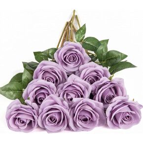 DuHouse 10pcs Fake Roses Artificial Silk Flowers Faux Rose Flower Long Stems Bouquet for Arrangement Wedding Centerpiece Party Home Kitchen Decor (Fall Purple) in Kuwait