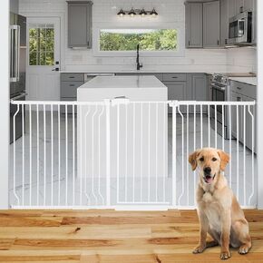 بوابة أطفال طويلة جدًا من HEMRORO مقاس 37.4 بوصة لمداخل السلالم مع باب، بوابة كلب واسعة سهلة التركيب من 57.1 إلى 66.5 بوصة في الداخل، بوابة آمنة للحيوانات الأليفة مثبتة بالضغط المعدني مع إغلاق تلقائي للمنزل، أبيض in Kuwait