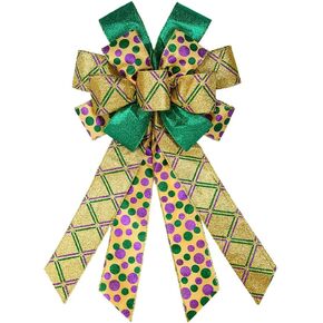 Mardi Gras Wreath Bows, Purple Green Glitter Plaid Mardi Gras Bows for Wreaths - Large Mardi Gras Decor Bow for Mardi Gras Carnival Home Garden Indoor Outdoor Decoration Wreath Ornament Supplies