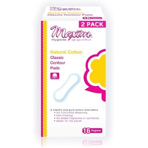 Maxim Natural Cotton Maxi Pads, Thicker More Absorbent, 32ct, No Chlorine/Dioxin/SAP, Biodegradable Daytime Maxi Pad for Women, Breathable, Hypoallergenic, Classic Contour Sanitary Pad, 2 Packs of 16 in Kuwait