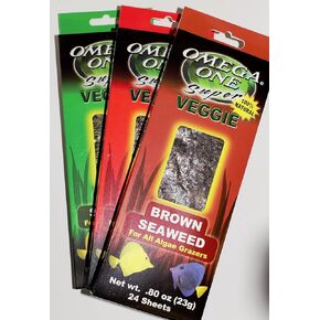 Omega One Super Veggie Seaweed for All Algae Grazers.8 oz, 23 g, 24 Sheets, Variety (Green, Red and Brown one Each) 3 Pack