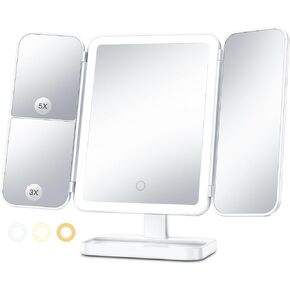 Axyra Makeup Mirror with 78 LED Lights, Rechargeable Tri-Fold Lighted Vanity Mirror, 3 Dimmable Color Lighting Modes, 1X 3X 5X Magnification, Touch Control, Lighted Makeup Mirror, Gift for Women in Saudi Arabia