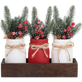 Christmas Mason Jars, Christmas Centerpieces for Tables, Wood Tray & 3 Painted Decorative Jars, Christmas Table Centerpieces Decoration, Farmhouse Dining Table Kitchen Decorations Home Decor in Kuwait