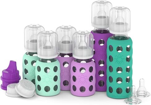 مجموعة زجاجات الأطفال الزجاجية من لايف فاكتوري، 4 قطع، مساعد | نعناع، ​​بطانية، توت، كرنب، غلاف سيليكون واقي، خالي من مادة BPA، قابلة لإعادة الاستخدام، آمنة للاستخدام في غسالة الأطباق in Kuwait