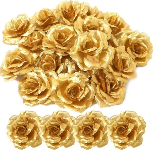 عبوة من 30 قطعة من Yzyil من الورود الذهبية الصناعية، رأس زهرة من الحرير الزهري، ذهبي ورؤوس زهور من الحرير الصناعي للحرف اليدوية المنزلية لحفلات الزفاف in Kuwait