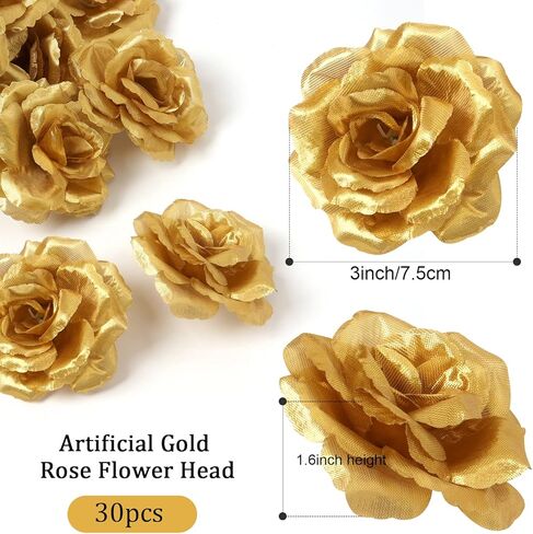 عبوة من 30 قطعة من Yzyil من الورود الذهبية الصناعية، رأس زهرة من الحرير الزهري، ذهبي ورؤوس زهور من الحرير الصناعي للحرف اليدوية المنزلية لحفلات الزفاف in Kuwait