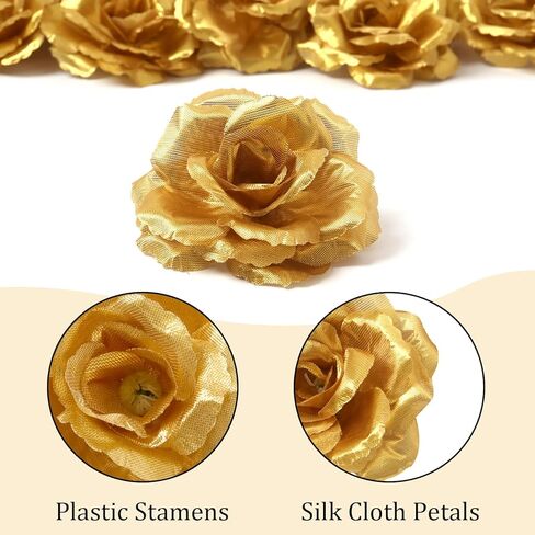 عبوة من 30 قطعة من Yzyil من الورود الذهبية الصناعية، رأس زهرة من الحرير الزهري، ذهبي ورؤوس زهور من الحرير الصناعي للحرف اليدوية المنزلية لحفلات الزفاف in Kuwait