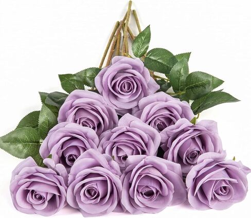 DuHouse 10pcs Fake Roses Artificial Silk Flowers Faux Rose Flower Long Stems Bouquet for Arrangement Wedding Centerpiece Party Home Kitchen Decor (Fall Purple) in Kuwait