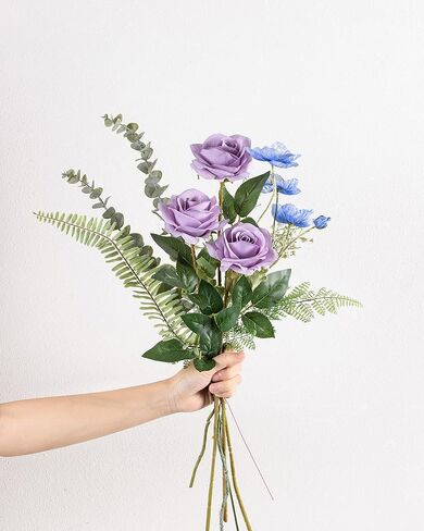 DuHouse 10pcs Fake Roses Artificial Silk Flowers Faux Rose Flower Long Stems Bouquet for Arrangement Wedding Centerpiece Party Home Kitchen Decor (Fall Purple) in Kuwait