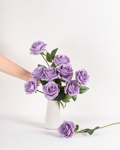 DuHouse 10pcs Fake Roses Artificial Silk Flowers Faux Rose Flower Long Stems Bouquet for Arrangement Wedding Centerpiece Party Home Kitchen Decor (Fall Purple) in Kuwait