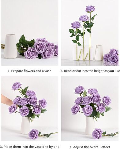 DuHouse 10pcs Fake Roses Artificial Silk Flowers Faux Rose Flower Long Stems Bouquet for Arrangement Wedding Centerpiece Party Home Kitchen Decor (Fall Purple) in Kuwait
