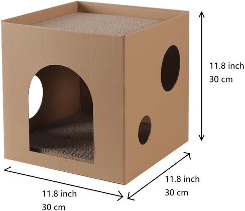 SVY Cozy Cat House with Scratcher Pad, Made of Corrugated Cardboard, Ideal for Cats & Kittens & Small Animals. 11.8"x11.8"x11.8" (Brown) in Kuwait