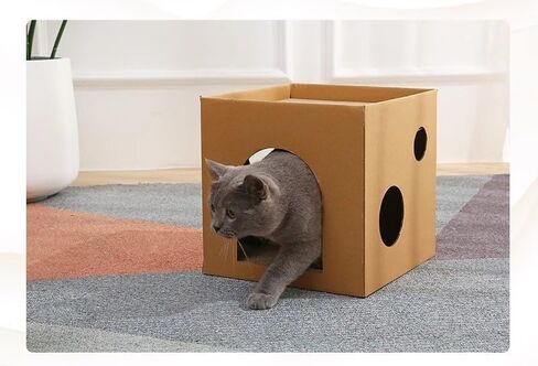 SVY Cozy Cat House with Scratcher Pad, Made of Corrugated Cardboard, Ideal for Cats & Kittens & Small Animals. 11.8"x11.8"x11.8" (Brown) in Kuwait