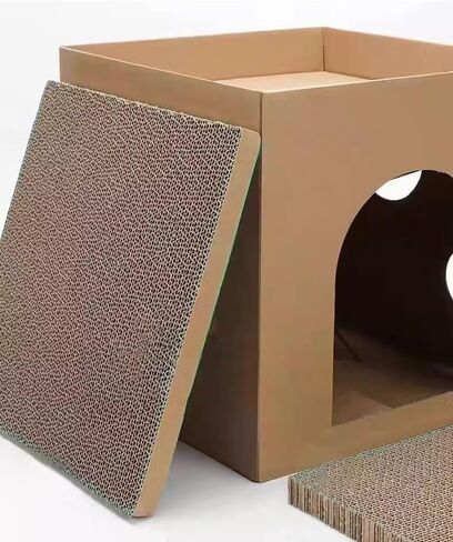 SVY Cozy Cat House with Scratcher Pad, Made of Corrugated Cardboard, Ideal for Cats & Kittens & Small Animals. 11.8"x11.8"x11.8" (Brown) in Kuwait