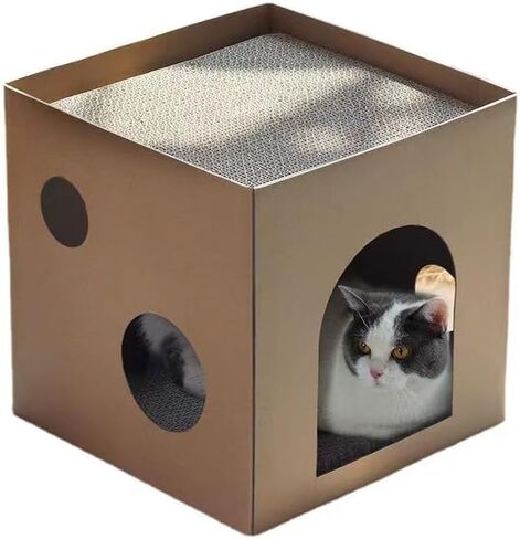 SVY Cozy Cat House with Scratcher Pad, Made of Corrugated Cardboard, Ideal for Cats & Kittens & Small Animals. 11.8"x11.8"x11.8" (Brown) in Kuwait