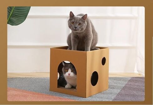 SVY Cozy Cat House with Scratcher Pad, Made of Corrugated Cardboard, Ideal for Cats & Kittens & Small Animals. 11.8"x11.8"x11.8" (Brown) in Kuwait