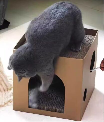 SVY Cozy Cat House with Scratcher Pad, Made of Corrugated Cardboard, Ideal for Cats & Kittens & Small Animals. 11.8"x11.8"x11.8" (Brown) in Kuwait